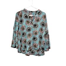 Loft Outlet Top Women's Size XS Blue Floral V-Neck Bell Sleeves Boho Cottagecore