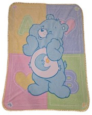 Vtg Care Bears Bedtime Plush Blanket Pastel Soft Baby Blue Pink Yellow Satin 