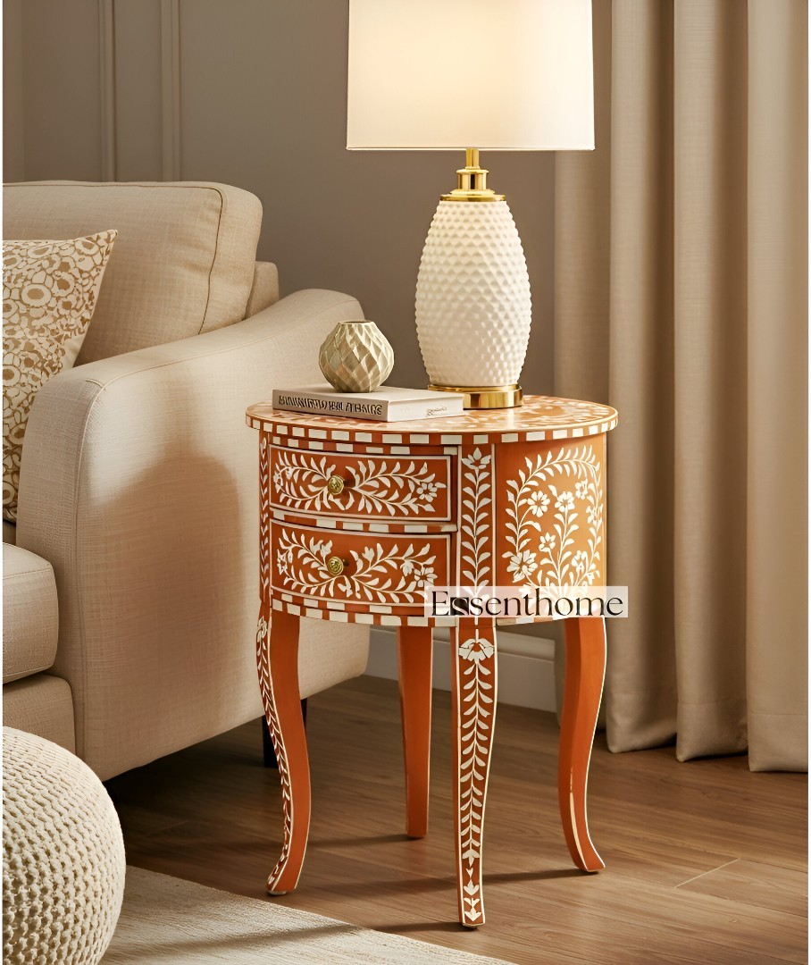 Handmade Bone Inlay Orange Floral Round Accent Table with 2 Drawers