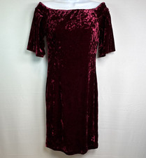 Eliza J Burgundy Crushed Velvet Off Shoulder Mini Shift Dress Sz 4 Bell Sleeves