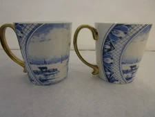 2 Heinen Delfts Blauw Mug Windmill Floral Gold Tone Handle Cup Coffee