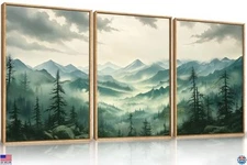 Green Foggy Mountain Canvas Wall Art Set, Misty Forest Decor, 16"x24"x3