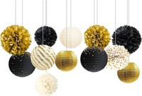 Papierlaternen Schwarz Gold 12 StüCk Seidenpapier Pompons Deko Party Hochzeit
