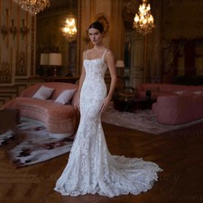 Exquisite Mermaid Wedding Dresses Spaghetti Straps Lace Appliques Bridal Gowns