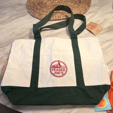 Trader Joe's Foldable Reusable Tote Bag Cotton Polyester White Green