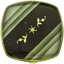1930s Vintage La Mode Square Powder + Rouge Compact Art Deco Green Stripe