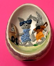 VTG 1976 Byron Molds Ceramic Easter Egg Mr & Mrs Bunny Rabbit & Baby in Stroller