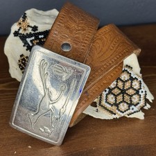 VTG Youth Western Tooled Brown Leather Belt with Metal Roadrunner Buckle 24