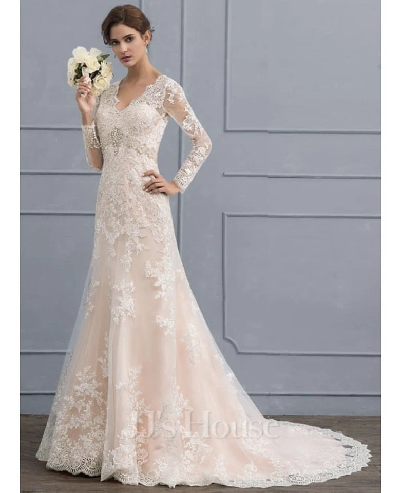 Abito da sposa a tromba/sirena scollo a V corte treno tulle pizzo, taglia:... - Immagine 2 di 4