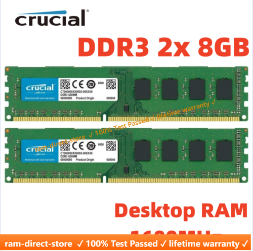 CRUCIAL DDR3 1600MHz 16GB (2x 8GB) PC3-12800 Desktop 240pin DIMM Memory RAM 16G - Afbeelding 1 van 5