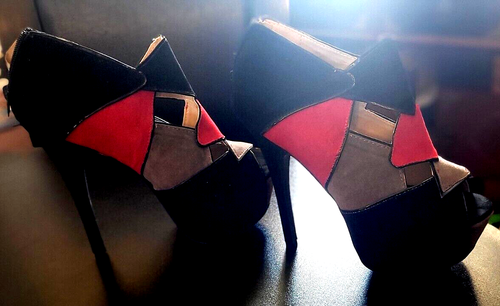 LILIANA Faux Suede Black/Red/Gray Platform 5.75"High Stiletto Heels;8M;Back Zip - Picture 3 of 12
