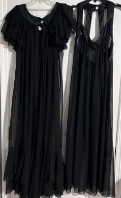 Vintage Francheska Valdy Gown & Robe Set Black Size L Peignoir Nylon 1970s