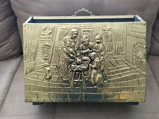 Hammered Brass Wood Divided Magazine Rack With Mother & Children Kitchen Scene 