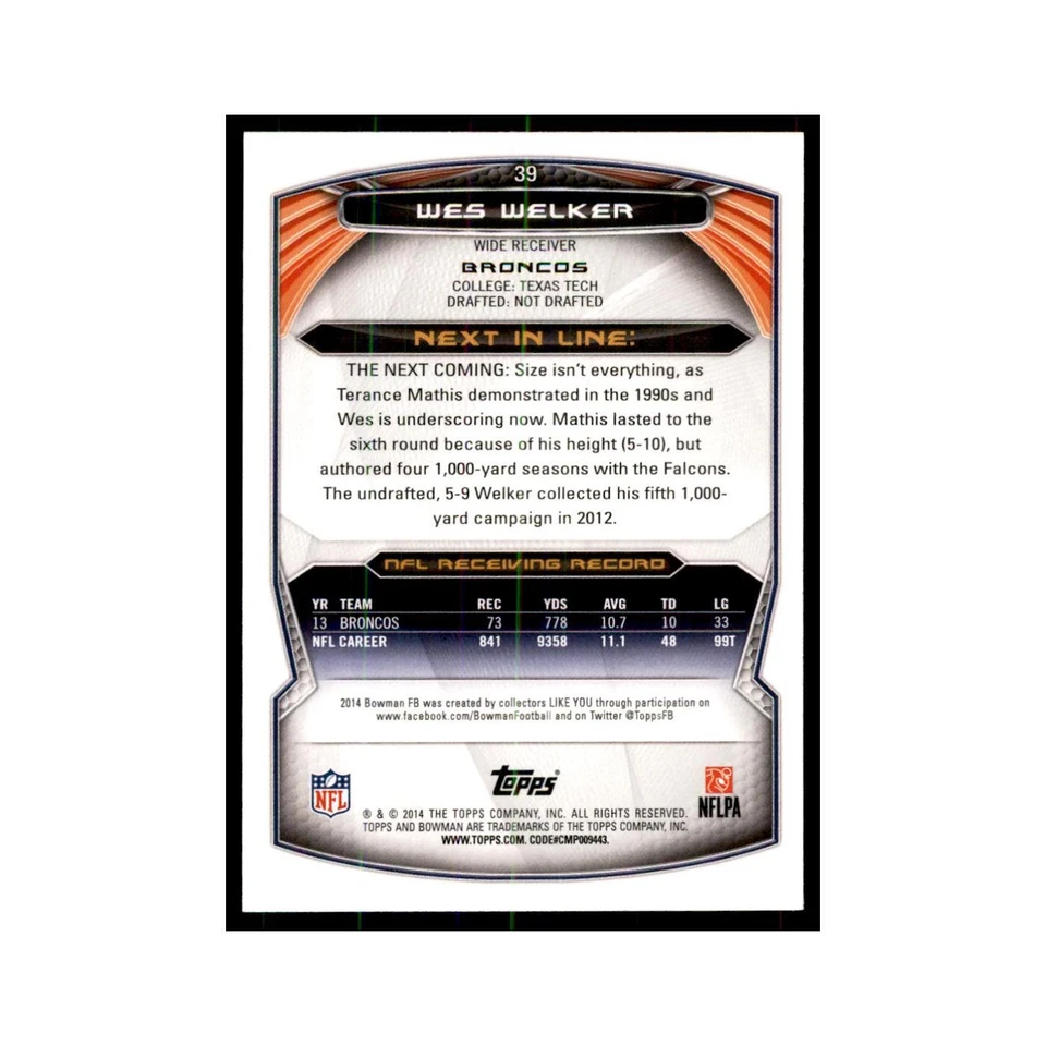 2014 Bowman Wes Welker Football Cards #39 - Image 2 of 3