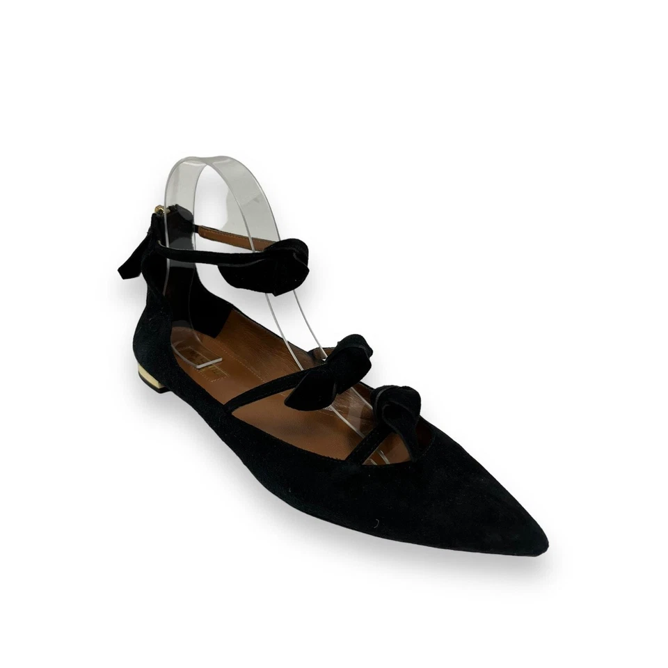 AQUAZZURA Black Suede Strappy St Tropez Bow Point Toe Flats Size 38 US 8 - Image 2 of 4