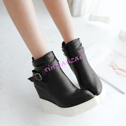 Womens Wedge Heel Platform Buckle Pointy Toe Ankle Boots Oxford Shoes Leather - Picture 13 of 15
