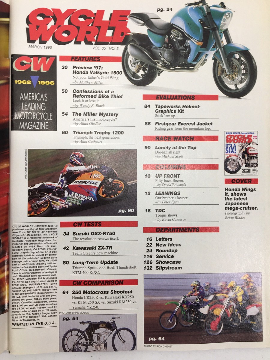 Cycle World Magazine March 1996 Honda Valkyrie 1500 Motorcycle