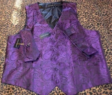 NWT Barry Wang Black/Purple Silk Paisley Vest, Tie, Hanky, Cufflink, Tie Clip-XL