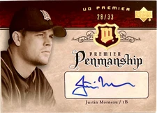 /33 JUSTIN MORNEAU Autograph 2007 UD Premier Penmanship #PEN-MO2 Auto /33