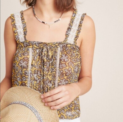 Anthropologie Sz 6 Bardot Printed Crochet Lace Tank Top Button Down Festival