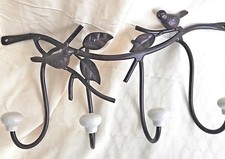 Wall Rack w Hooks Brown Metal Bird  Leaf 4 Ceramic  Metal Hooks 11" Wide