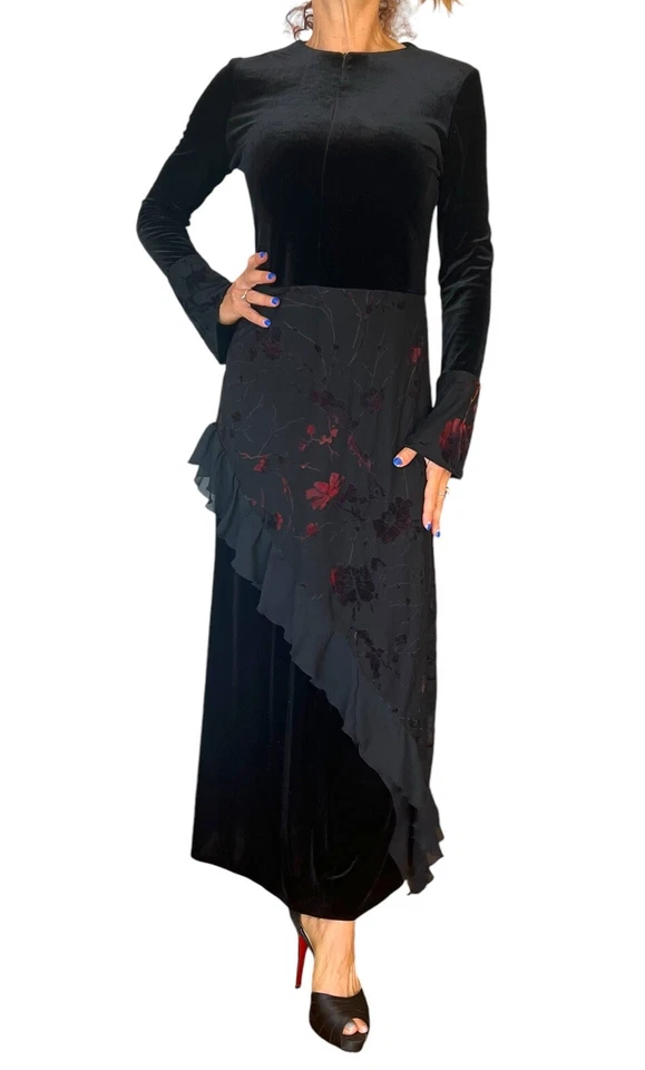 VESTIDO VINTAGE MUJER J. ADIRO NEGRO TERCIOPELO FLORAL GÓTICO MANGA LARGA MAXI XS Foto 3 de 4