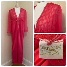 VTG 60s 70s STARDUST Raspberry Red Lace Full Long Robe Sheer Nylon USA Made S M