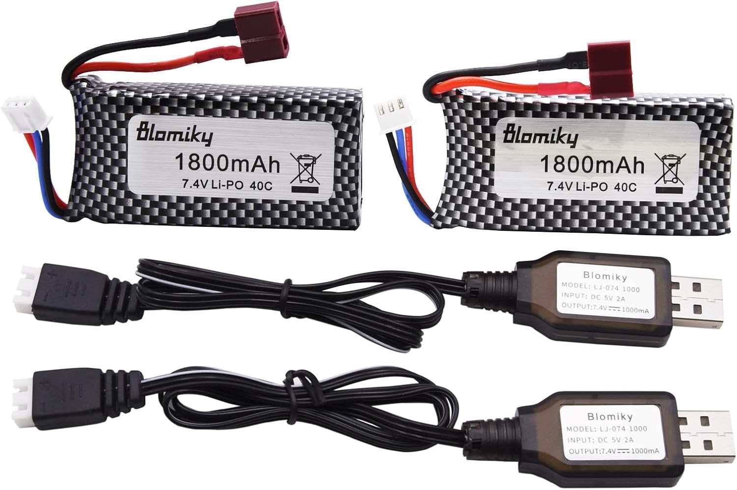 2Pack 7.4V 1800mAh 13.32Wh Li PO Rechargeable Battery with Deans T Plug and Char