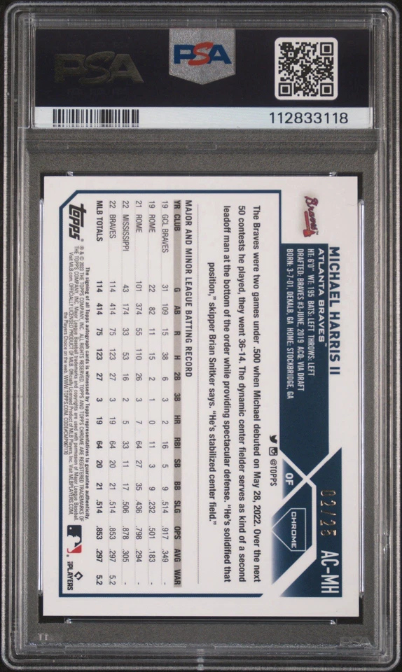 2023 Topps Chrome Update MICHAEL HARRIS II (RC) Orange /25 Refractor Auto PSA 9 - Image 2 of 3