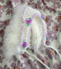 Vintage Handmade Crocheted Baby Bonnet Fur Trim Purple Flower Infant Hat 6 Month