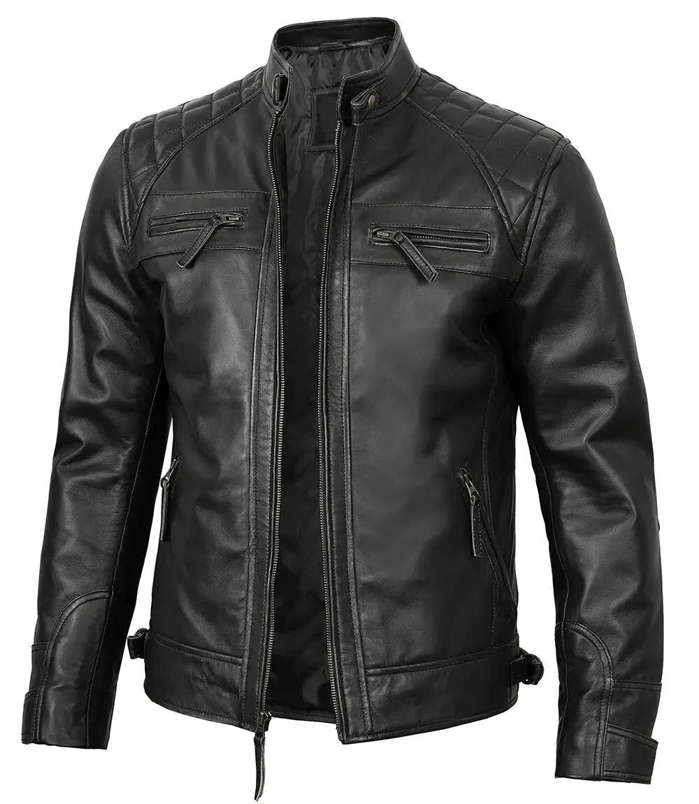 Chaqueta de Motociclista Para Hombre Negra Acolchada Cuero Calce Ajustado De Colección Estilo Reino Unido Envío Gratuito