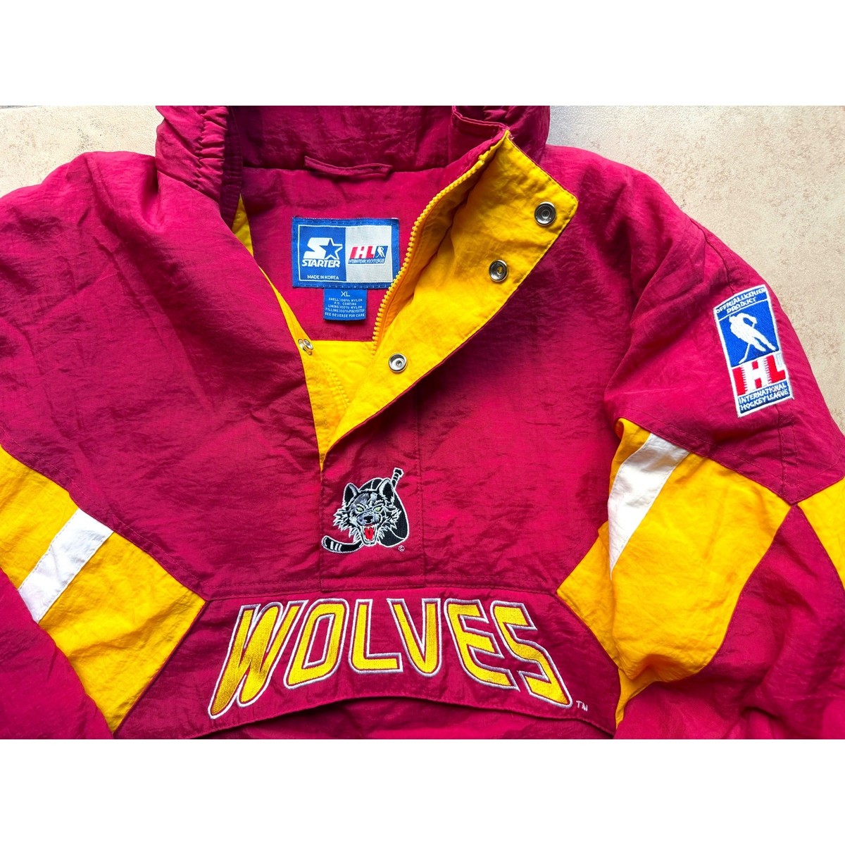 Chicago Wolves 90s STARTER puffer Pullover 1/2 jacket M red gold