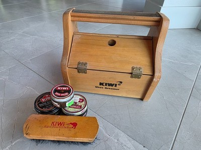 Vintage Kiwi Wooden Shoe Groomer Care Kit Shoeshine Box Brush & Polish Tins