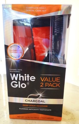 White Glo Toothpaste Activated Charcoal Stain Remover Twin Pack 5 oz x2 w Bonus
