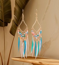 Boho Vintage Tassel Feather EARRINGS New