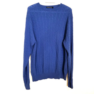 WoolOvers Men Merino Wool Cashmere Cable Knit Pullover Sweater Sz XL Blue Crew