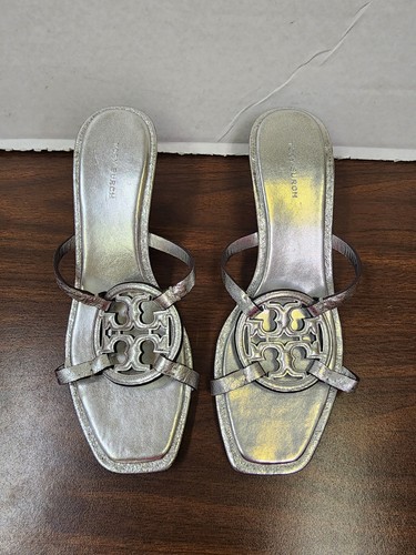 Tory Burch Metallic Leather Geo Bombe Miller Low Heel Sandals 55MM Silver Sz 9 - Picture 3 of 24