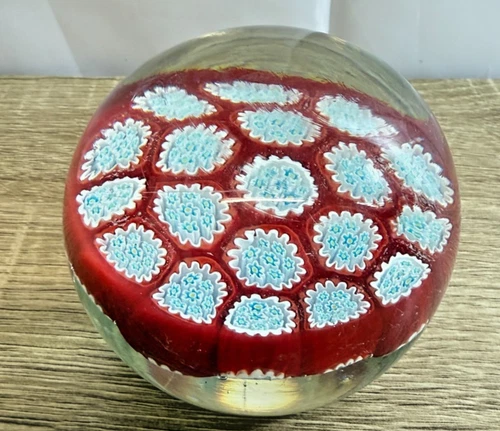 Vintage Art Glass Paperweight Murano Millefiori Style Red Floral Design 9cm
