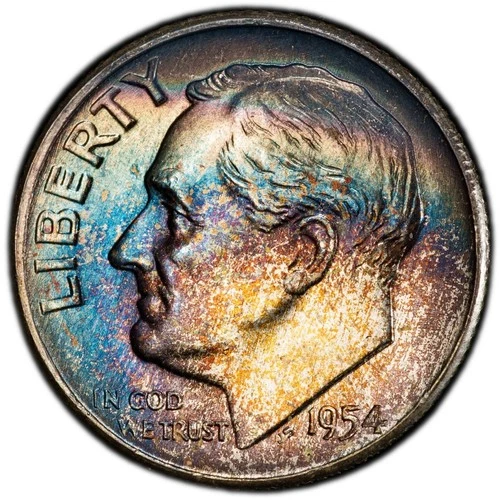MS67 1954 10C Roosevelt Silver Dime, PCGS Trueview- Rainbow Mint Set Toned