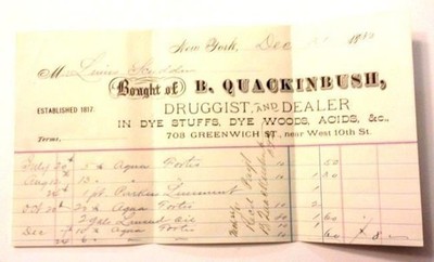 1880 antique QUACKINBUSH DRUGGIST DEALER DYE WOODS RECEIPT linus scudder,nyc