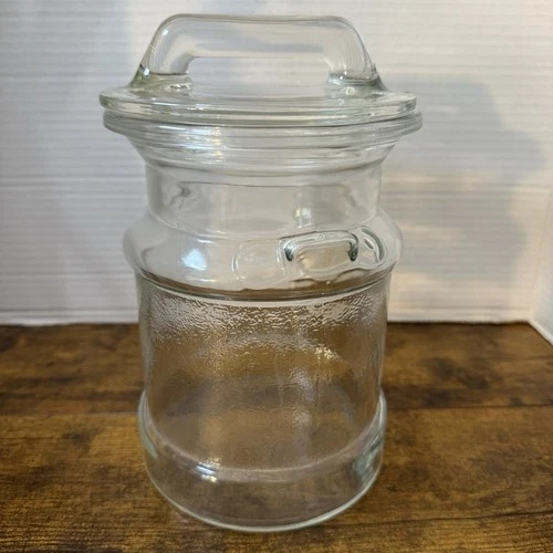 Vintage LE Smith Clear Glass Milk Can Canister Apothecary Jar Lid Collectible 9”