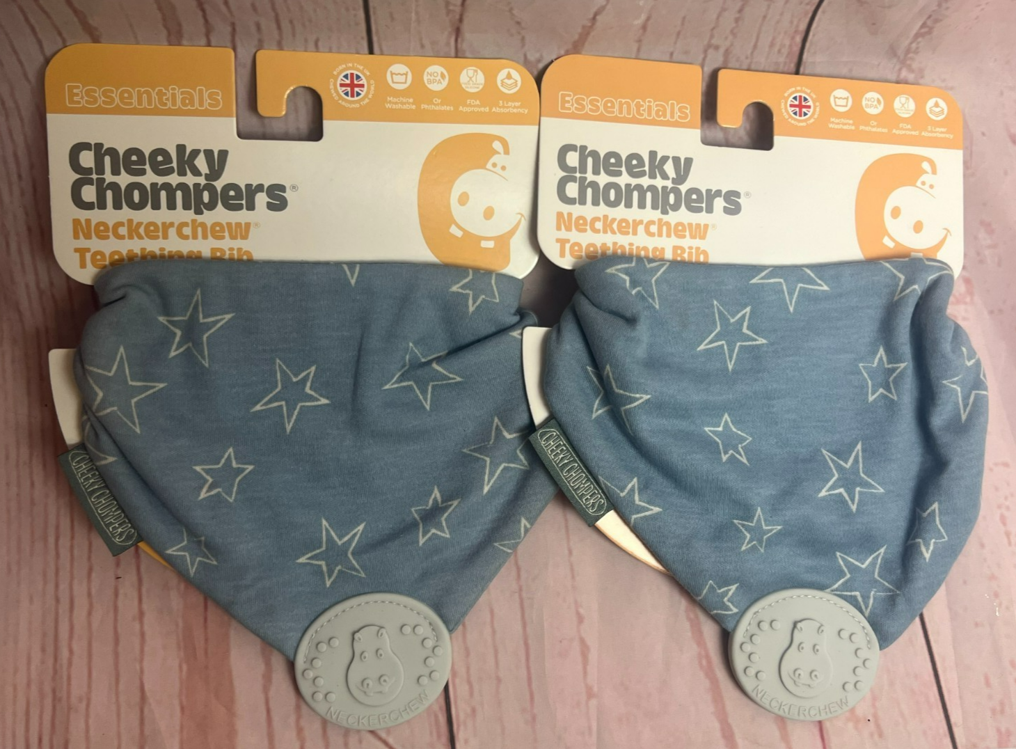Cheeky Chompers 2x Teething Dribble Bib Neckerchew Teether - Stars Blue