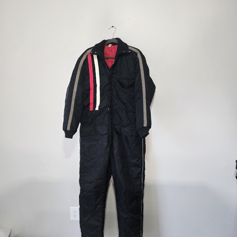 VINTAGE 70s Snowmobile Suit Insulated Coveralls Racing Jumpsuit Black Red White