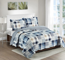 Blue Plaids and Stripes Patchwork, 3-Piece Quilt Set with 2 Shams, Reversible Be