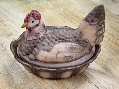 Fenton Hand Painted and Signed Folk Art Nesting Hen Covered Dish