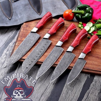 CUSTOM HANDMADE 5 PCS DAMASCUS STEEL KITCHEN KNIFE SET WITH ROLL BAG | CHEF SET