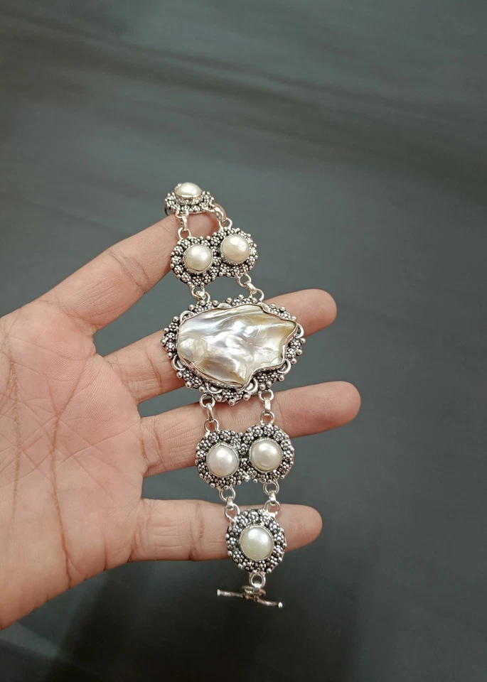 Hermosa Pulsera Madreperla Gema Plata de Ley Pulsera Regalo Ajustable Foto 3 de 4