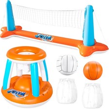 Inflatable Pool Float Volleyball Net Basketball Hoop 2-in-1 Game Set