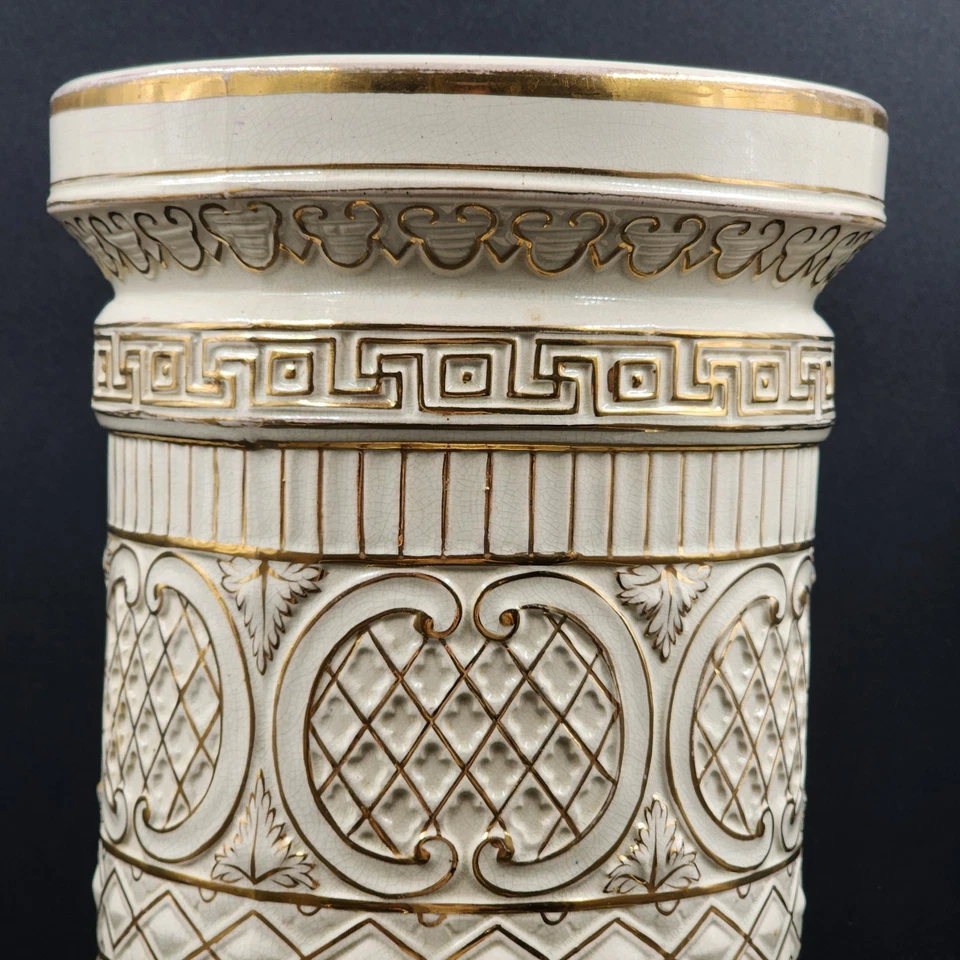 Pedestal Column Plant Stand 18" White with Gold Trim Greek Style Ceramic Vintage - Image 3 of 4