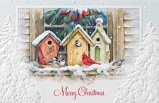 16 Embossed Boxed Christmas Cards Birdhouses Cardinals Chickadees Martha Edwards